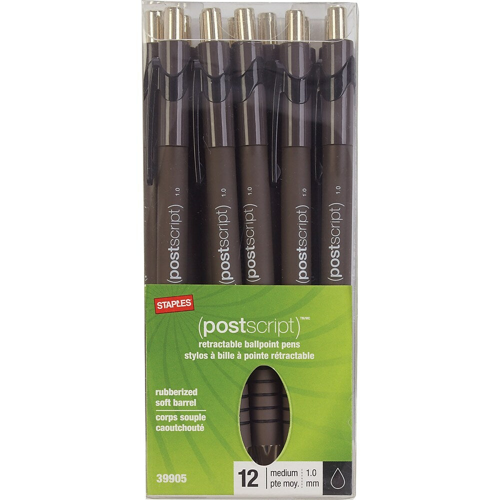 Stylos à bille Staples Postscript - Rétractables - 1,0 mm - Noir - Lot de 12