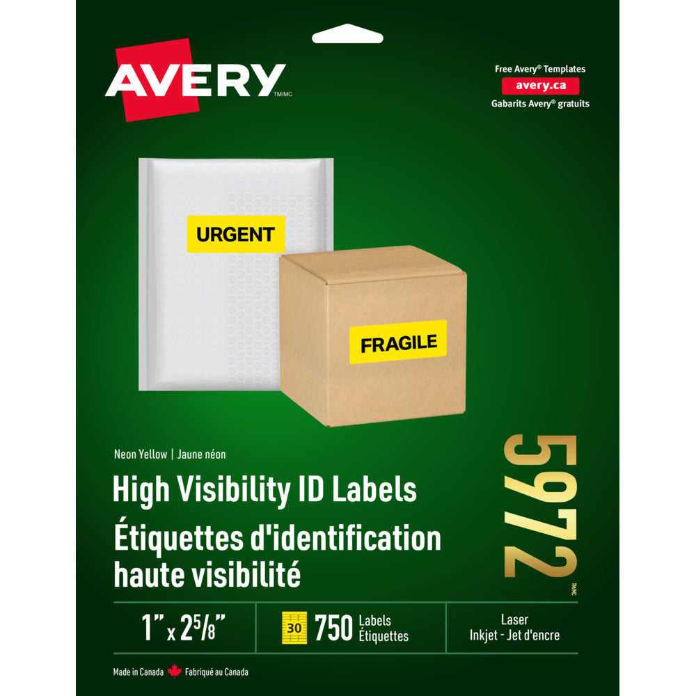 Avery Neon Yellow Laser/Inkjet High Visibility Labels, 2-5/8" x 1", 750 Pack (05972)