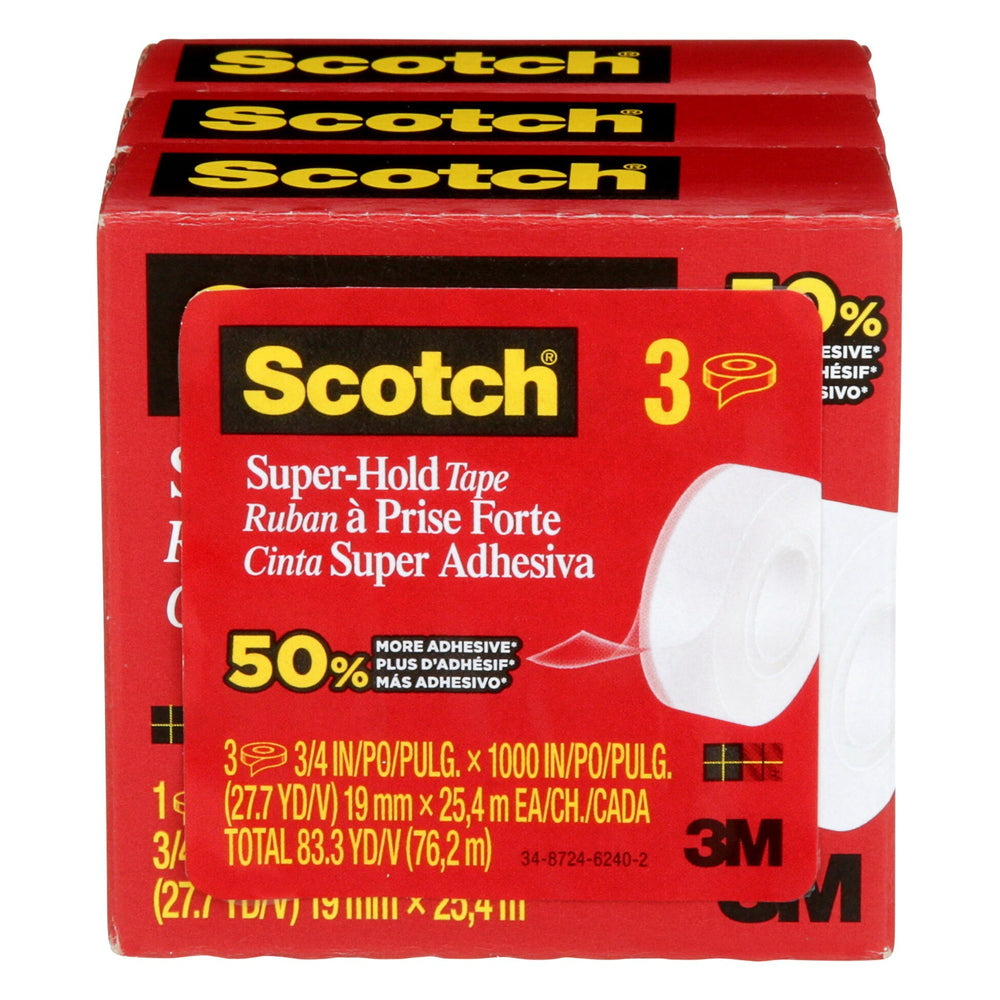Ruban adhésif Scotch Super-Hold - 19,1 mm de largeur x 25,4 m de longueur (3/4 po de largeur x 1 000 po de longueur) - En boîte - Paquet de 3