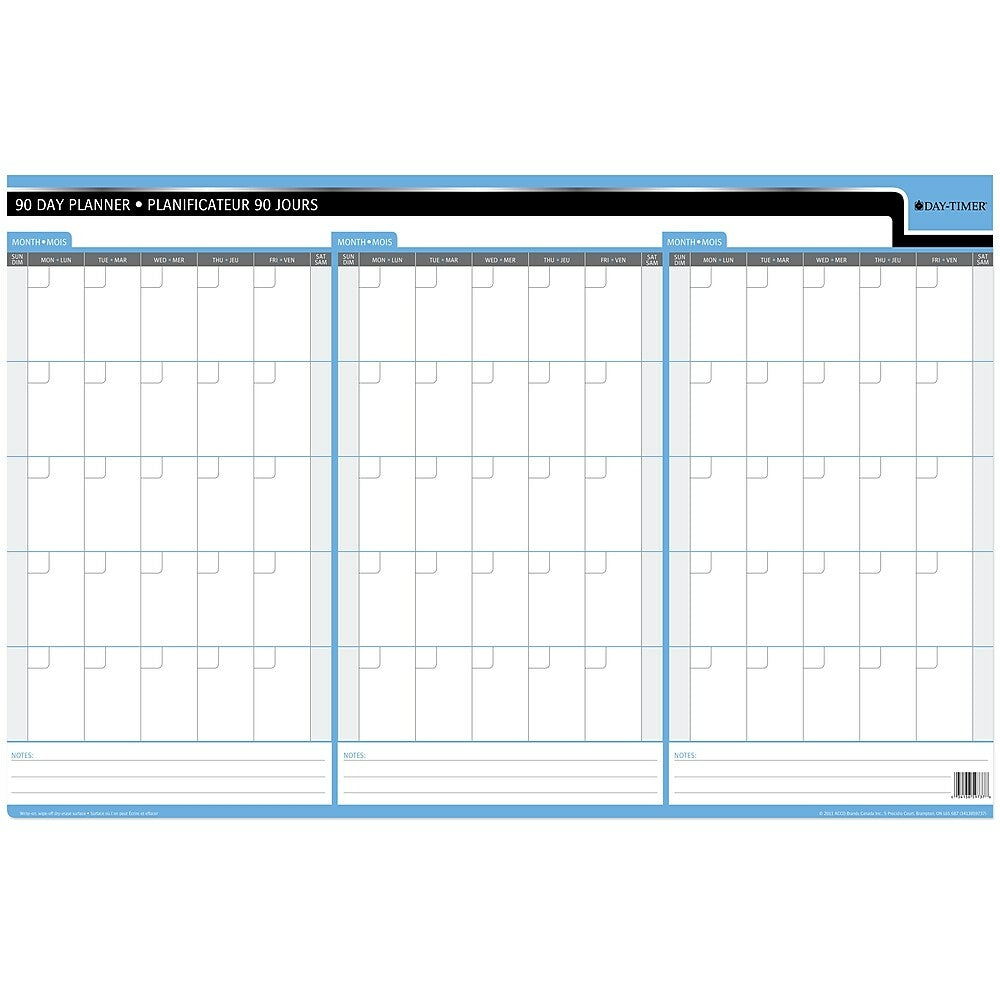 Agenda mural flexible effaçable Day-Timer non daté 90/120 jours - 24" x 36" - Bilingue