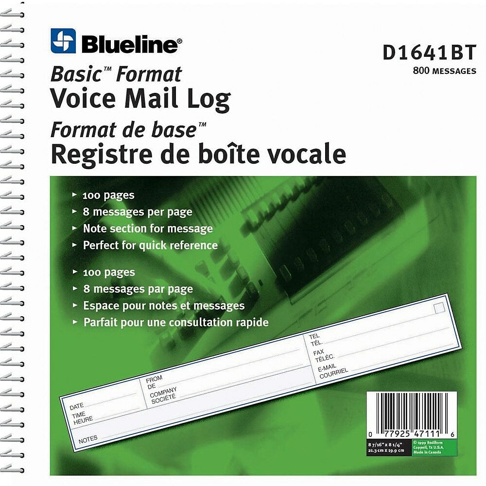 Blueline Voice Mail Log Book, 8-7/16" x 8-1/4", 800 Messages, Bilingual