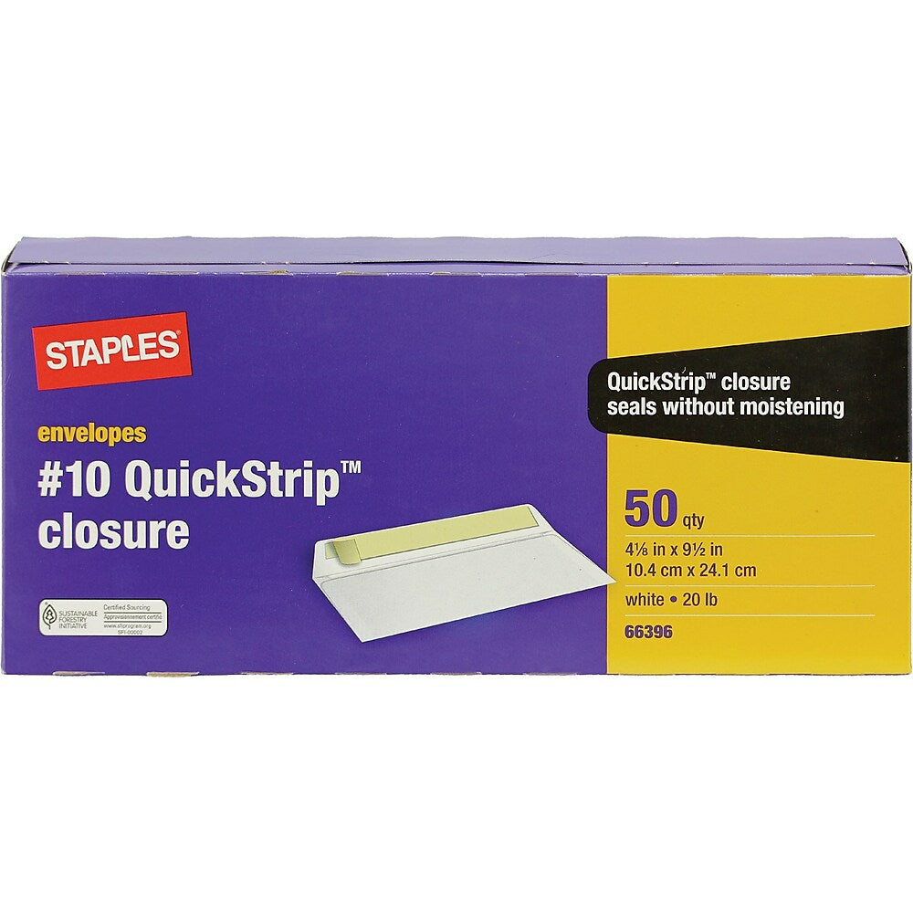 Enveloppes Staples n° 10 avec fermeture QuickStrip – 4-1/8" x 9-1/2" – Blanches – Paquet de 50