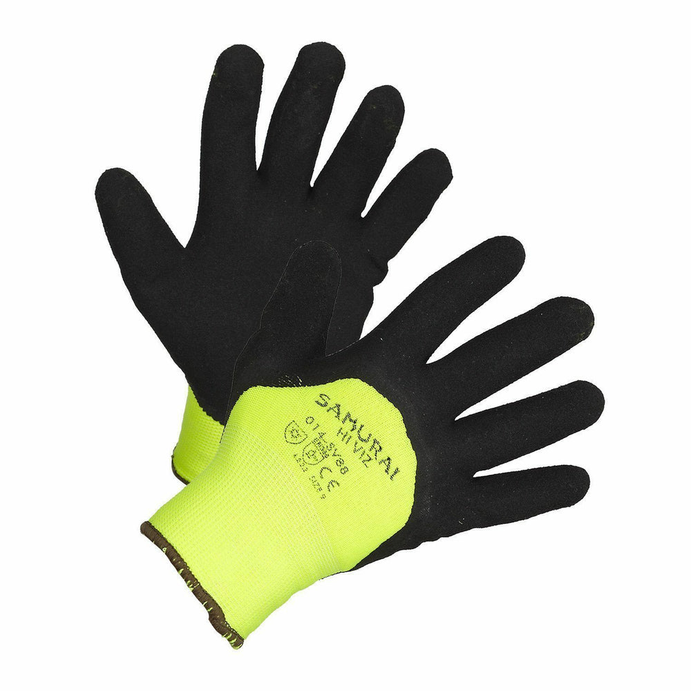 Gants Samurai noirs enduits de nitrile sur la paume - Doublure en nylon haute visibilité vert citron - Isolation en tissu éponge - 2XL