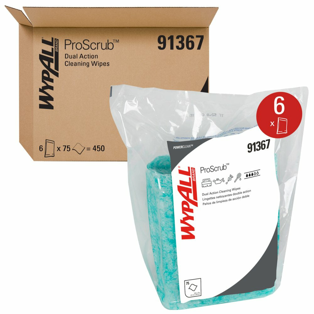 WypAll Power Clean ProScrub Pre-Saturated Wipe Refills - Green/White - 75 Sheets/Pack - 6 Packs/Case - 450 Pack
