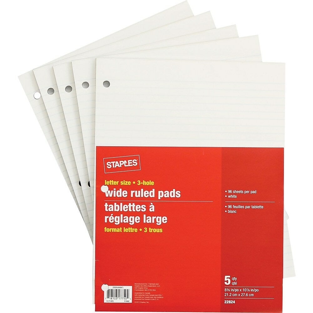 Staples Letter Size Wide Ruled White Paper Pads - 96 Sheets - 3 Hole - 5 Pack