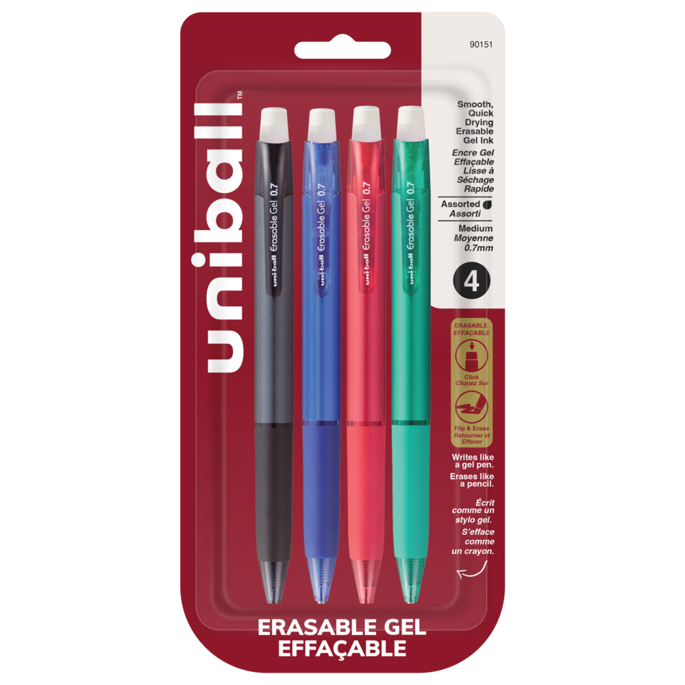 Stylos gel effaçables rétractables Uni-Ball - Pointe moyenne (0,7 mm) - Couleurs professionnelles - Lot de 4