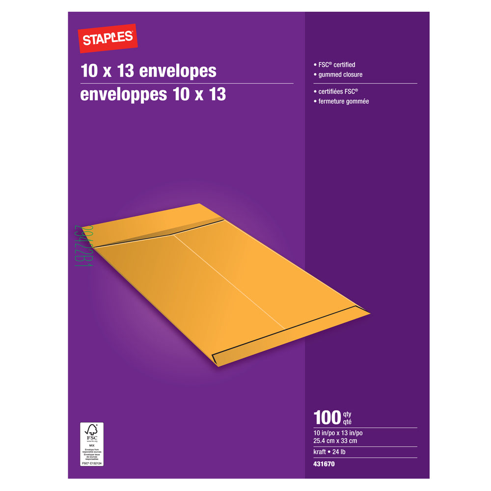 Staples Kraft Catalogue Envelopes with Gummed Flaps - 10" x 13" - Brown - 100 Pack
