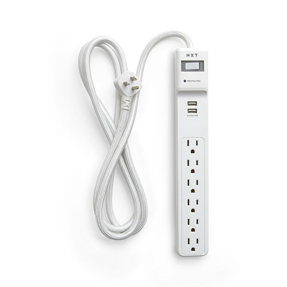 NXT Technologies NX54315-CA NX54315, 6-Outlet 2 USB Surge Protector, 6ft, 900 Joules, White