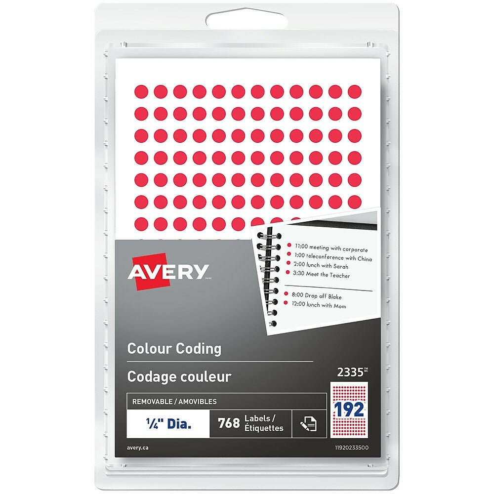 Avery Print or Write Removable Colour-Coding Labels, 1/4" Round, Red, 768 Pack (2335)