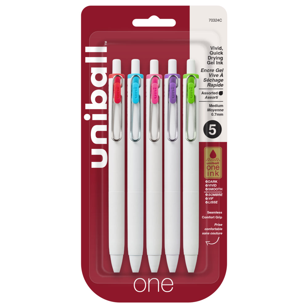 uni-ball one Retractable Gel Pens - Medium Point (0.7mm) - Assorted Ink - 5 Pack