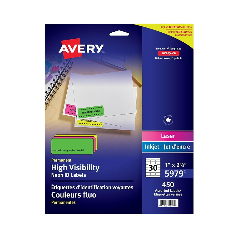 Étiquettes laser fluo haute visibilité Avery, assortiment de 450 étiquettes (05979)