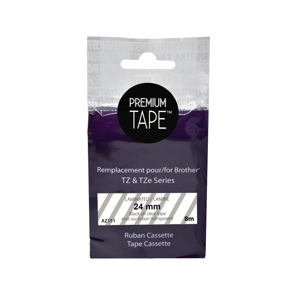 Rubans Nutone Premium compatibles avec Brother TZ-151 / TZ151 / TZe-151 / TZe151 - Noir / Transparent - 24 mm