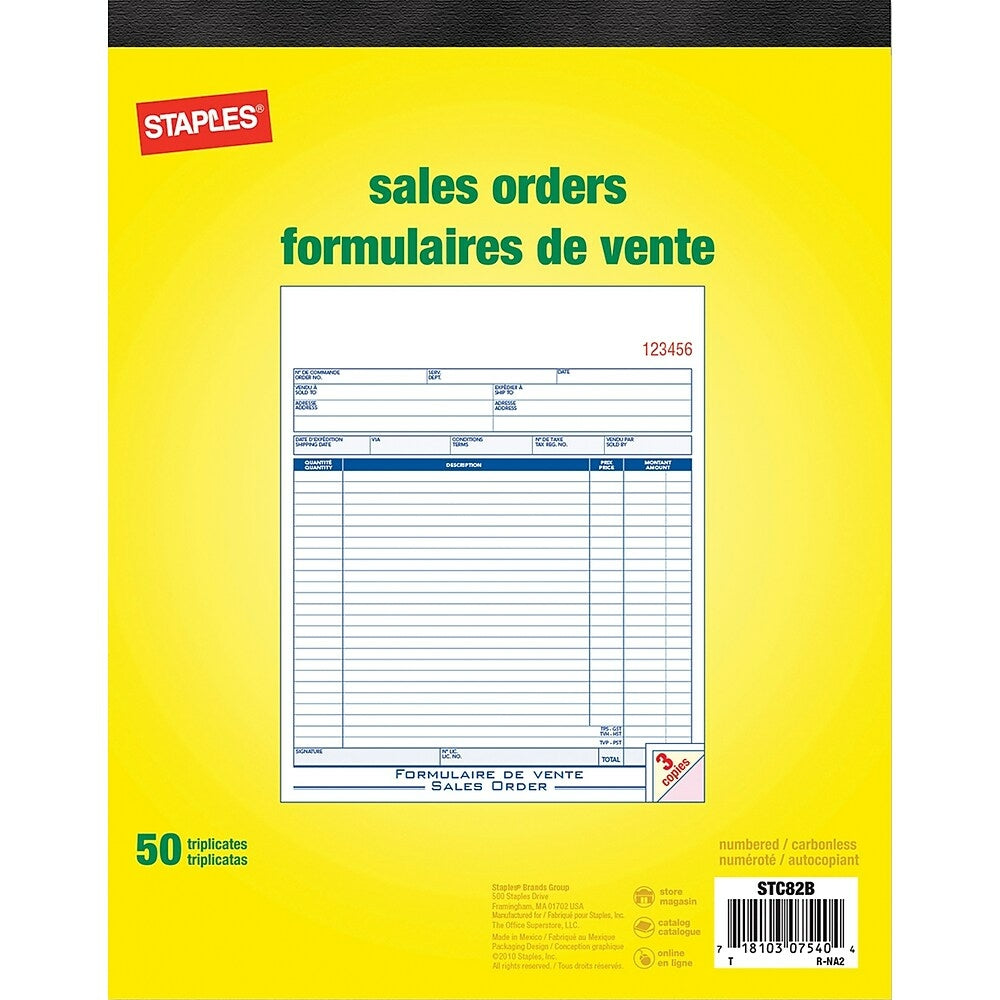 Staples Bilingual Sales Order Form - Triplicates - Carbonless - Staple Bound - 8" x 10" - 50 Forms