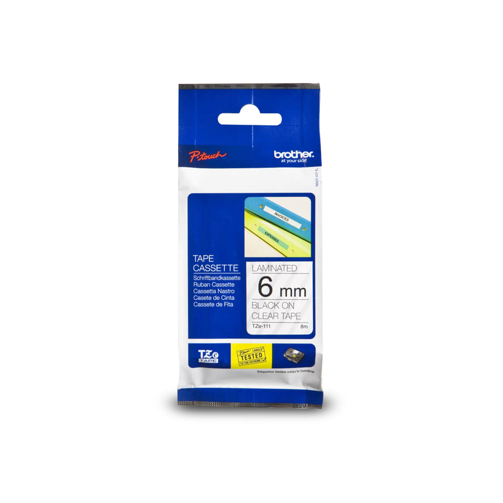 Ruban laminé noir sur transparent Brother TZe111 d'origine pour étiqueteuses P-touch, 6 mm de large x 8 m de long