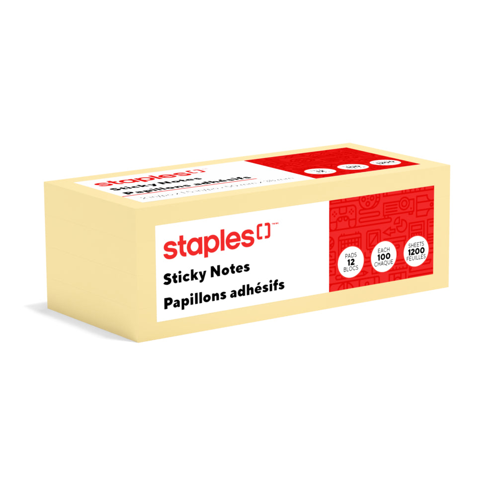 Feuillets autocollants recyclés Staples, 1 3/8 po x 1 7/8 po, jaune, paquet de 12