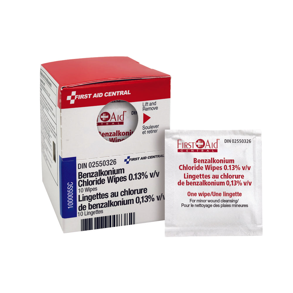 Lingettes antiseptiques au benzalkonium First Aid Central - Conformité optimale - Paquet de 10