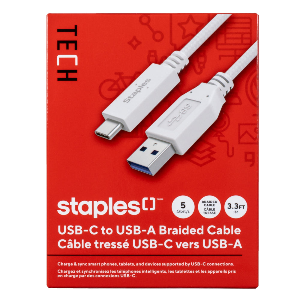Staples TECH USB-C to USB-A Charging Cable - 3.3 ft. - White