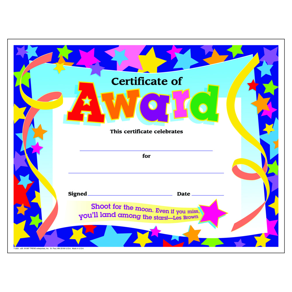 Certificats de récompense TREND Enterprises - Certificats classiques colorés - 8,5" H x 11" L - Paquet de 30