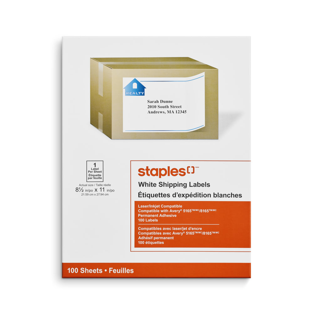 Staples White Shipping Labels for Inkjet/Laser Printers - 8-1/2" x 11"- 100 Pack