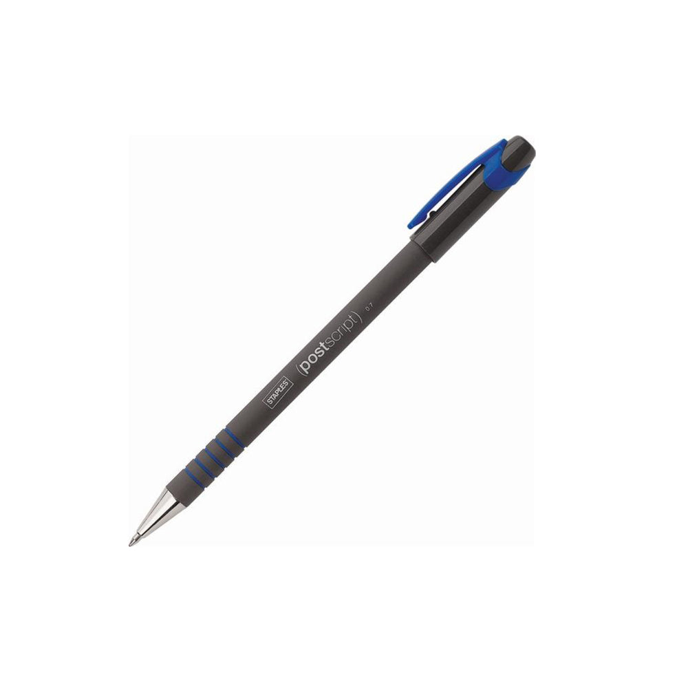 Staples Postscript Rubberized Barrel Stick Pen - Fine Point - 0.7mm - Blue Ink - 12 Pack