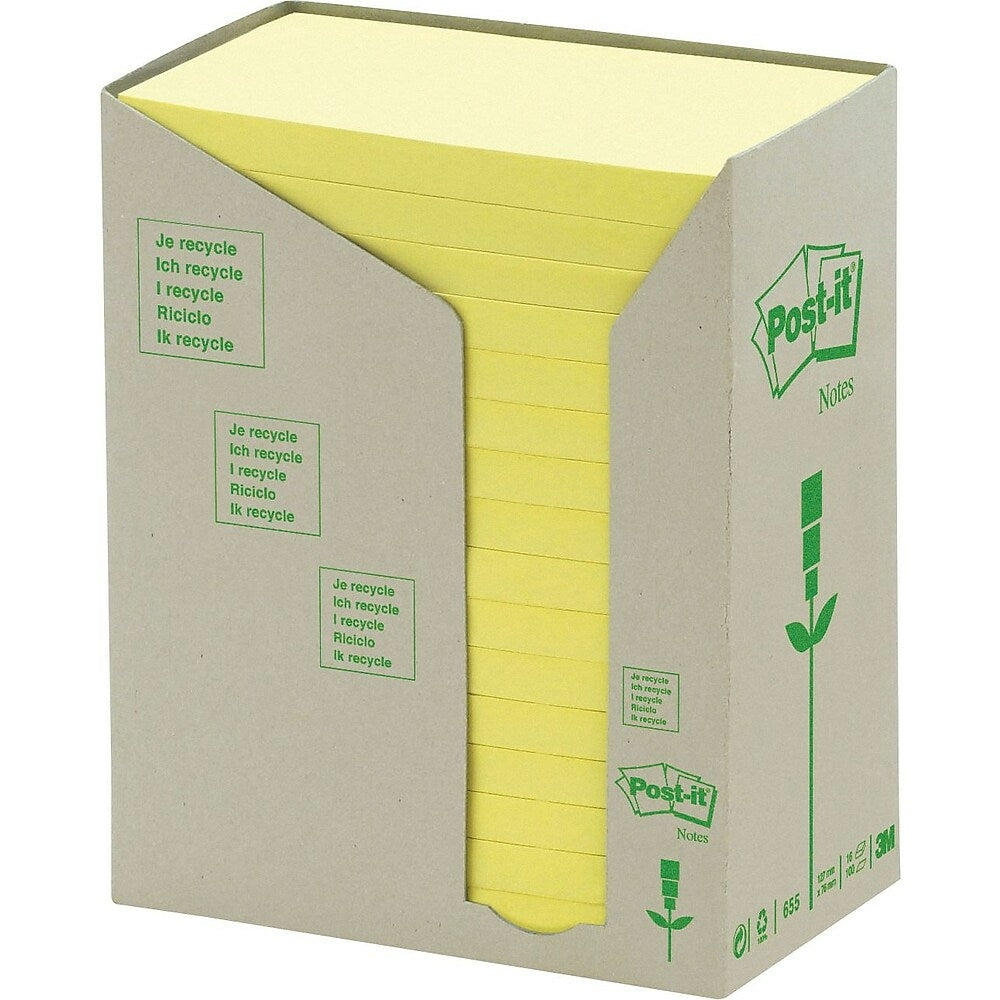Blocs-notes Post-it recyclés jaune canari, 7,6 x 12,7 cm, 16 blocs/paquet