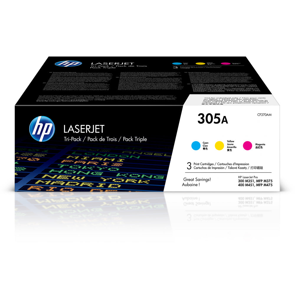 HP 305A (CF370AM) Cyan, Magenta & Yellow Original LaserJet Toner Cartridges, 3 pack