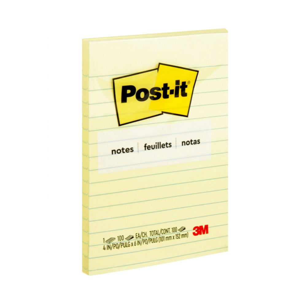 Notes Post-it - Jaune canari - Lignées - 10,2 cm l x 15,2 cm L - 100 feuilles par bloc