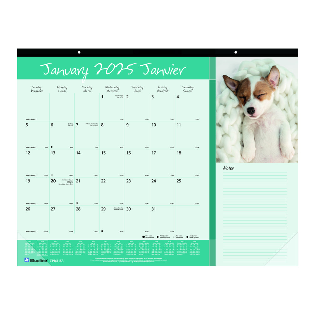Calendrier mensuel Blueline 2025 « Le meilleur ami de l'homme » - 22" x 17" - Bilingue