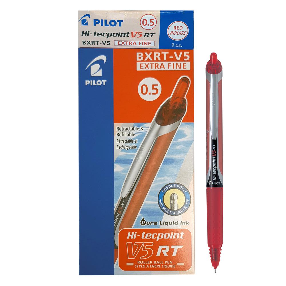 Stylos roller Pilot Hi-Tecpoint, Grip, rétractables, V5, rouge, lot de 12