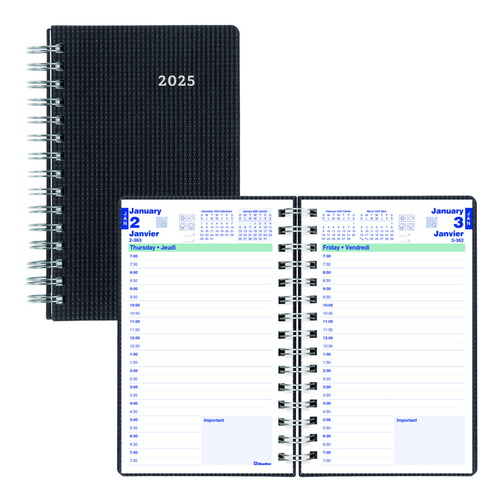 Blueline 2025 DuraFlex Daily Planner - 8" x 5" - Black - Bilingual