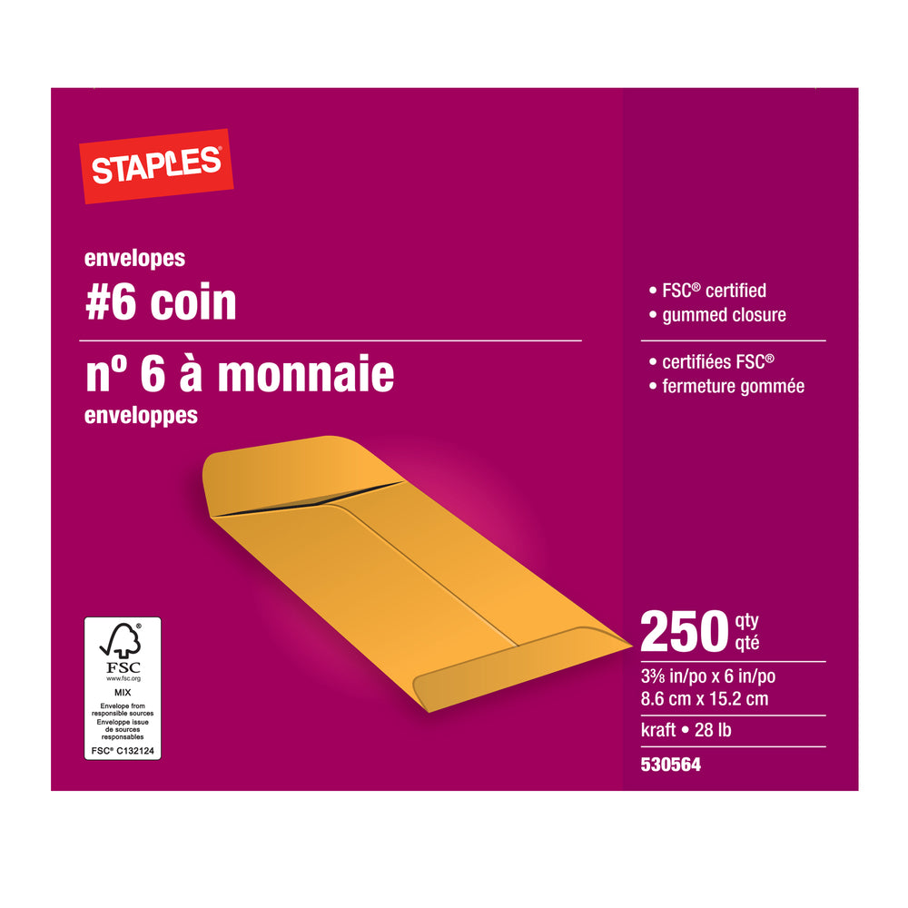 Staples #6 Kraft Coin Envelopes with Gummed Flaps - 3-3/8" x 6" - Brown - 250 Pack
