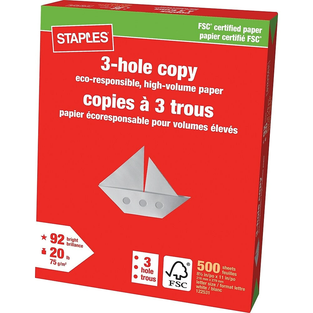 Papier à photocopie perforé 3 trous Staples certifié FSC - 8,5" x 11" - Blanc - 500 feuilles