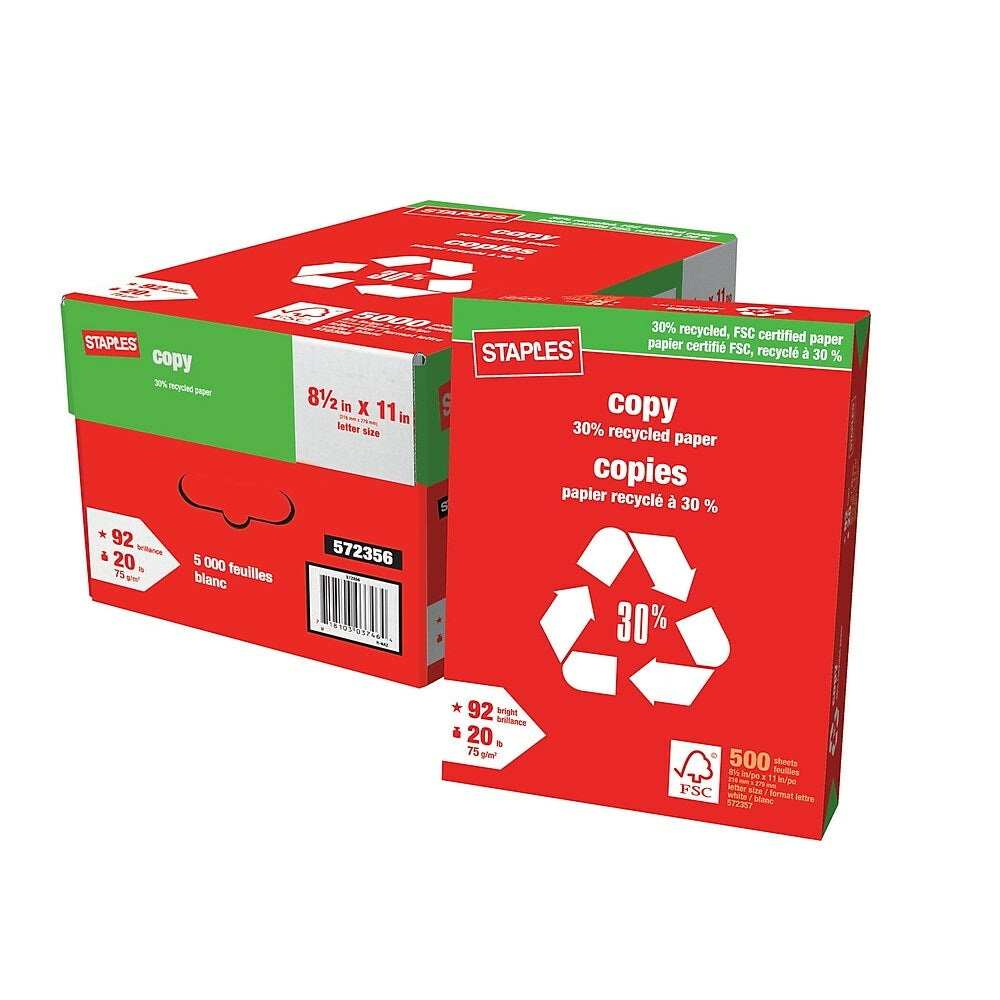 Papier photocopieur Staples certifié FSC 30 % recyclé – 20 lb – 8,5 po x 11 po – Blanc – 5 000 feuilles