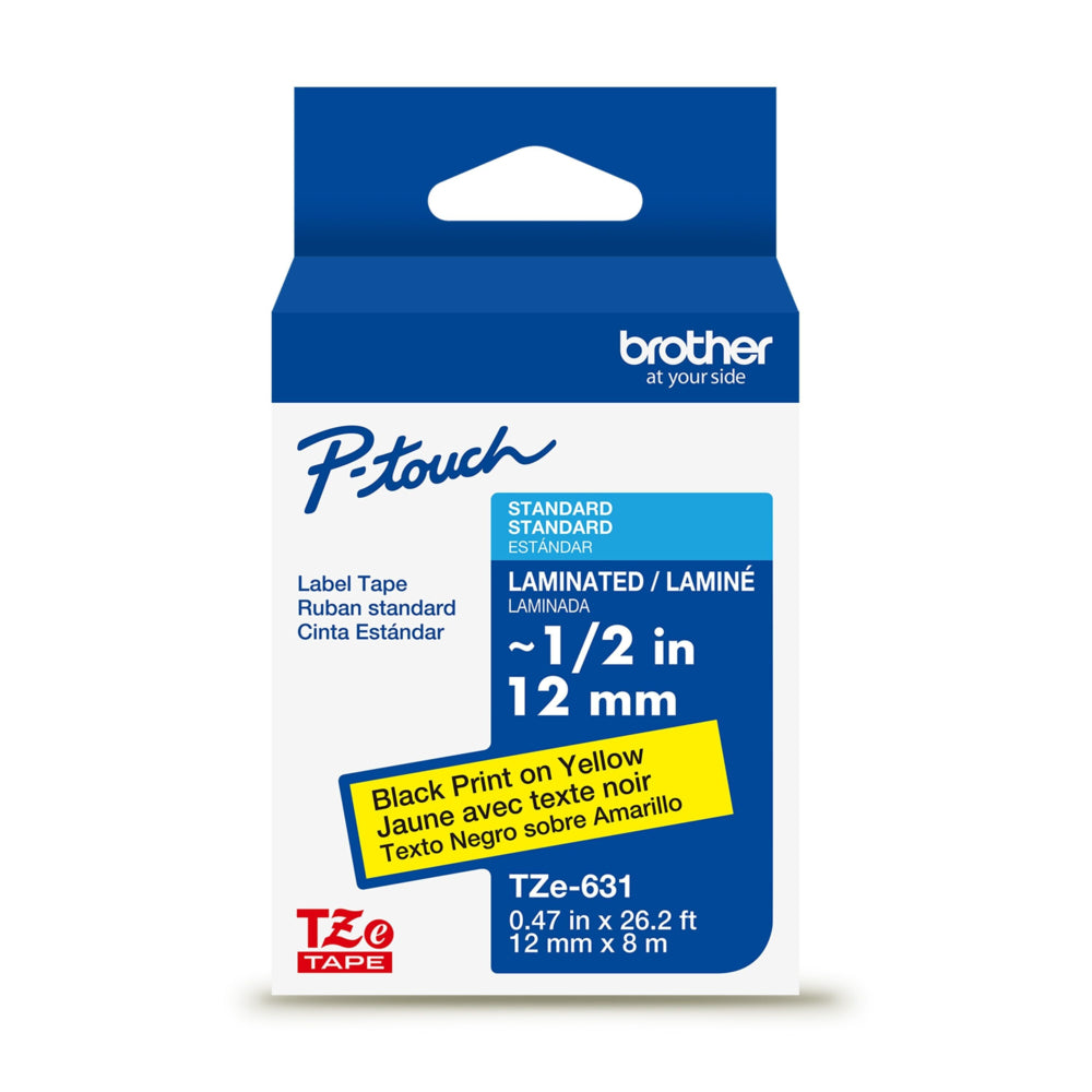 Ruban laminé noir sur jaune Brother TZe631 d'origine pour étiqueteuses P-touch, 12 mm de large x 8 m de long