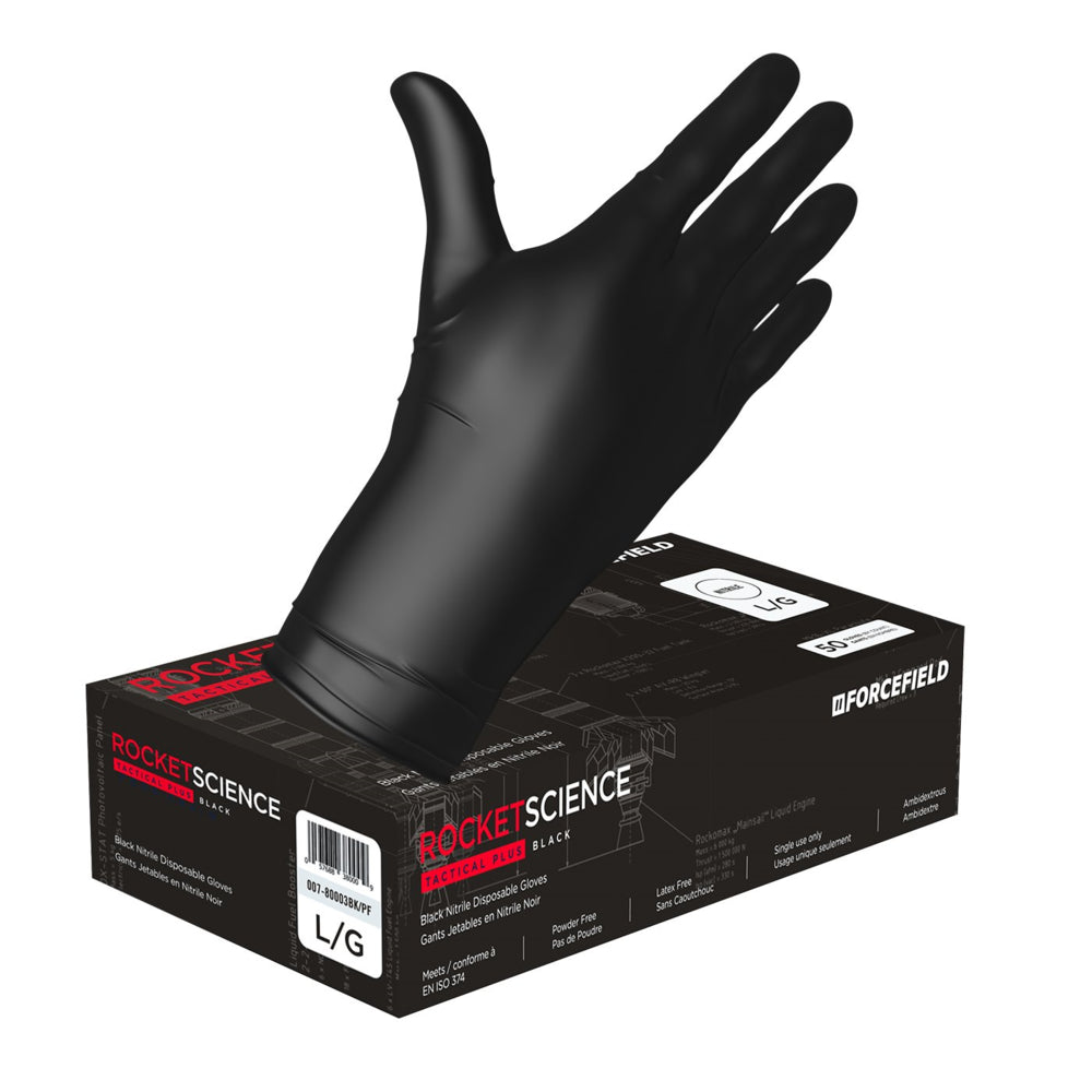 Forcefield Rocket Science Gloves - Powder-free - 8 mil - Rolled Cuff - 12" - Black - Large - 500 Pack