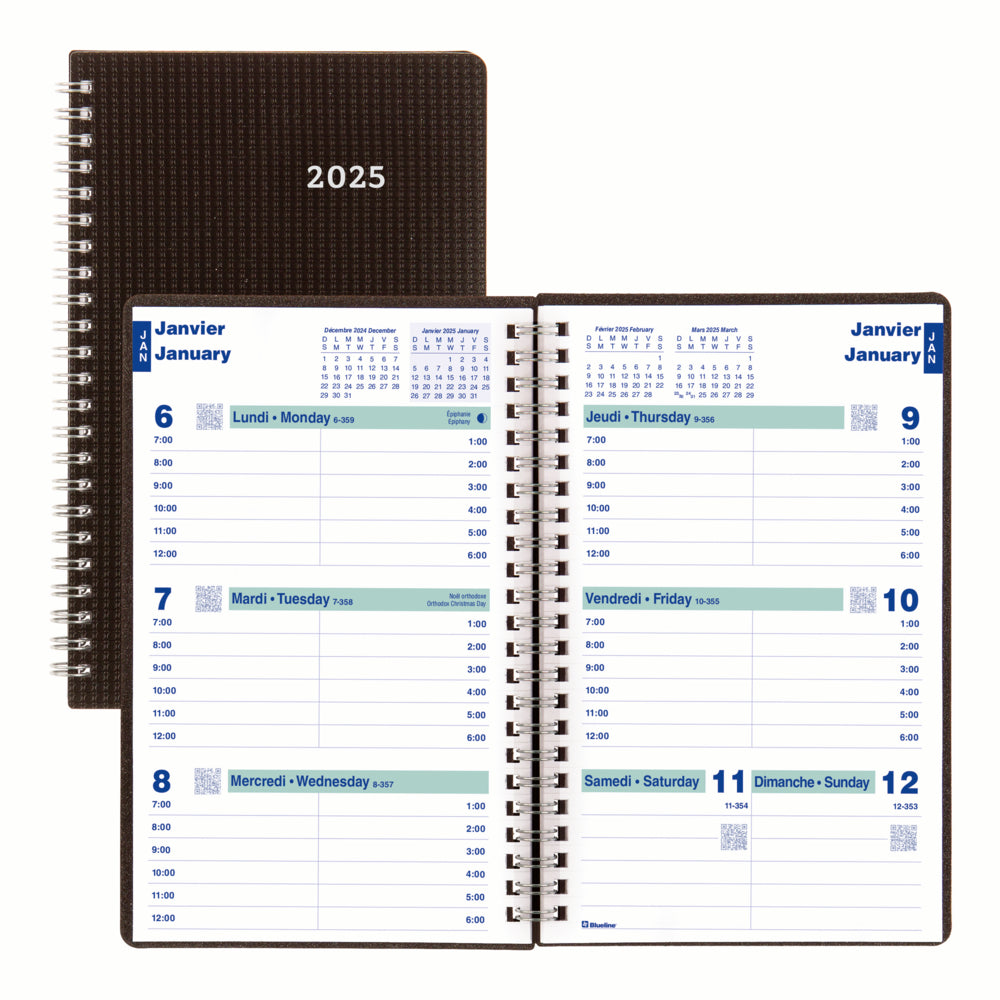 Agenda hebdomadaire Blueline 2025 DuraFlex - 8" x 5" - Noir - Bilingue