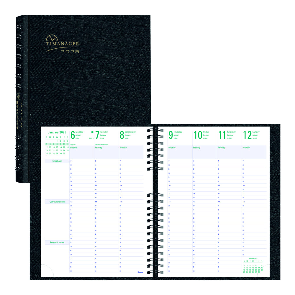 Blueline 2025 Timanager CoilPro Weekly/Monthly Planner 13 Months - 11" x 8-1/2" - Black - English