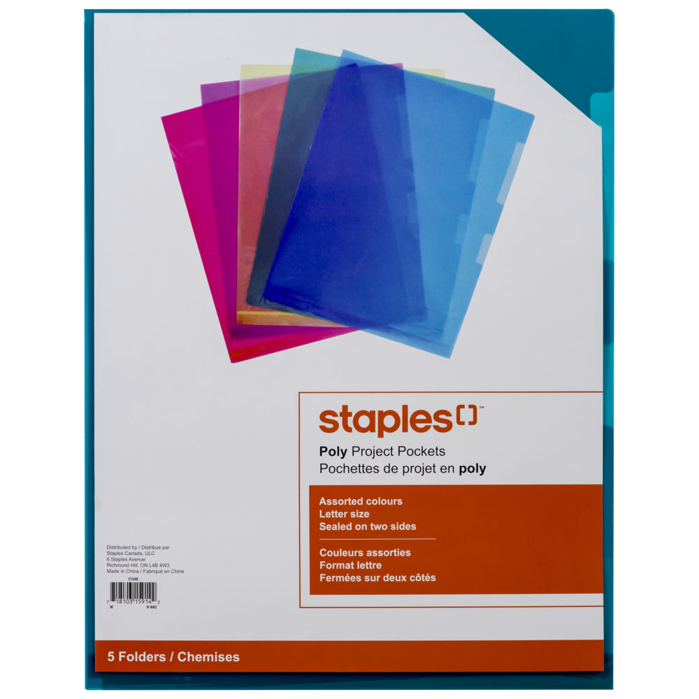 Pochettes de projet Staples Poly - Format lettre - Couleurs assorties - Paquet de 5