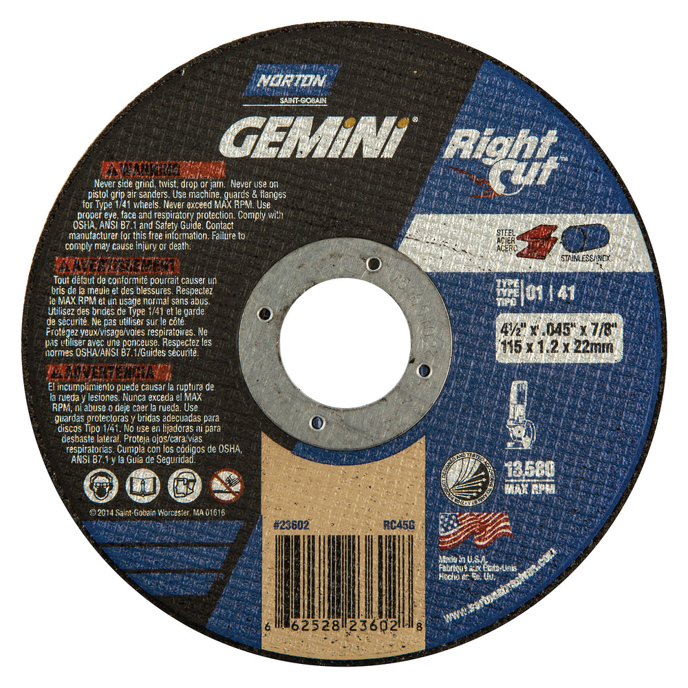 Disque de coupe Norton Gemini - Oxyde d'aluminium - Diamètre 4-1/2" x Épaisseur 0,045" - Arbre 7/8" - Paquet de 25