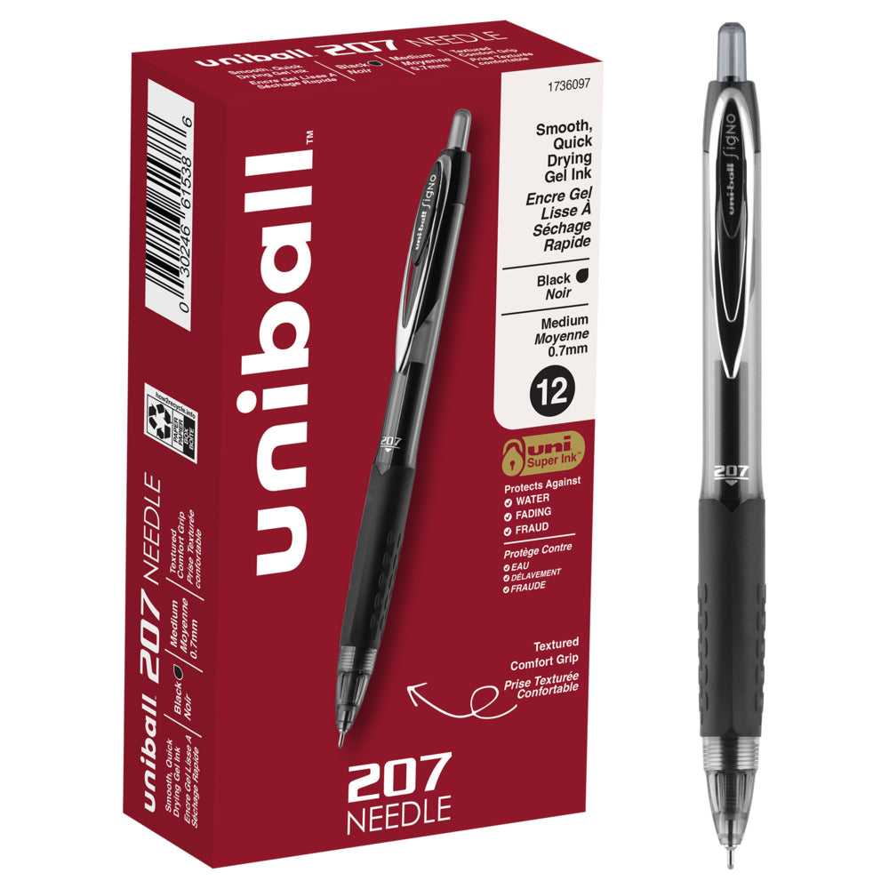Stylo gel rétractable Uni-Ball 207 - Pointe aiguille - 0,7 mm - Encre noire