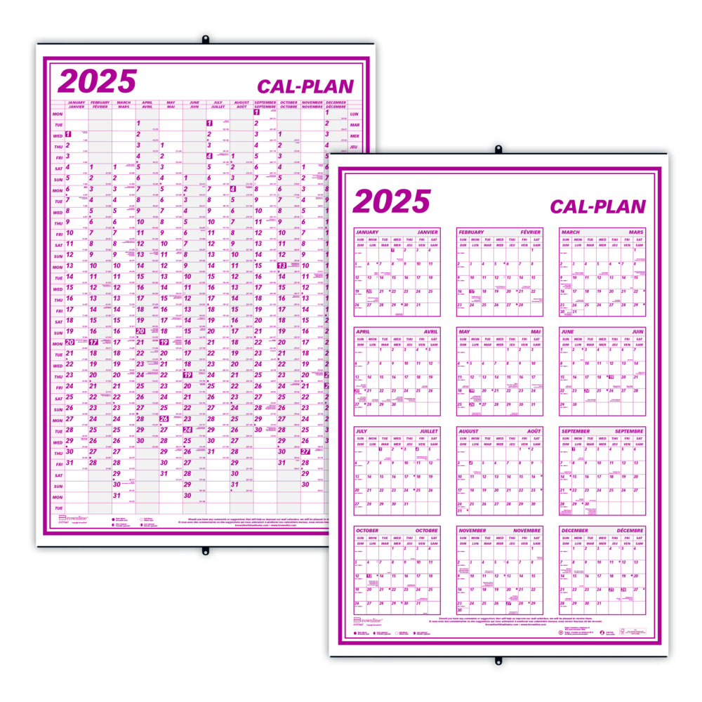 Calendrier mural mensuel Brownline 2025 Cal-Plan - 24" x 36" - Bilingue