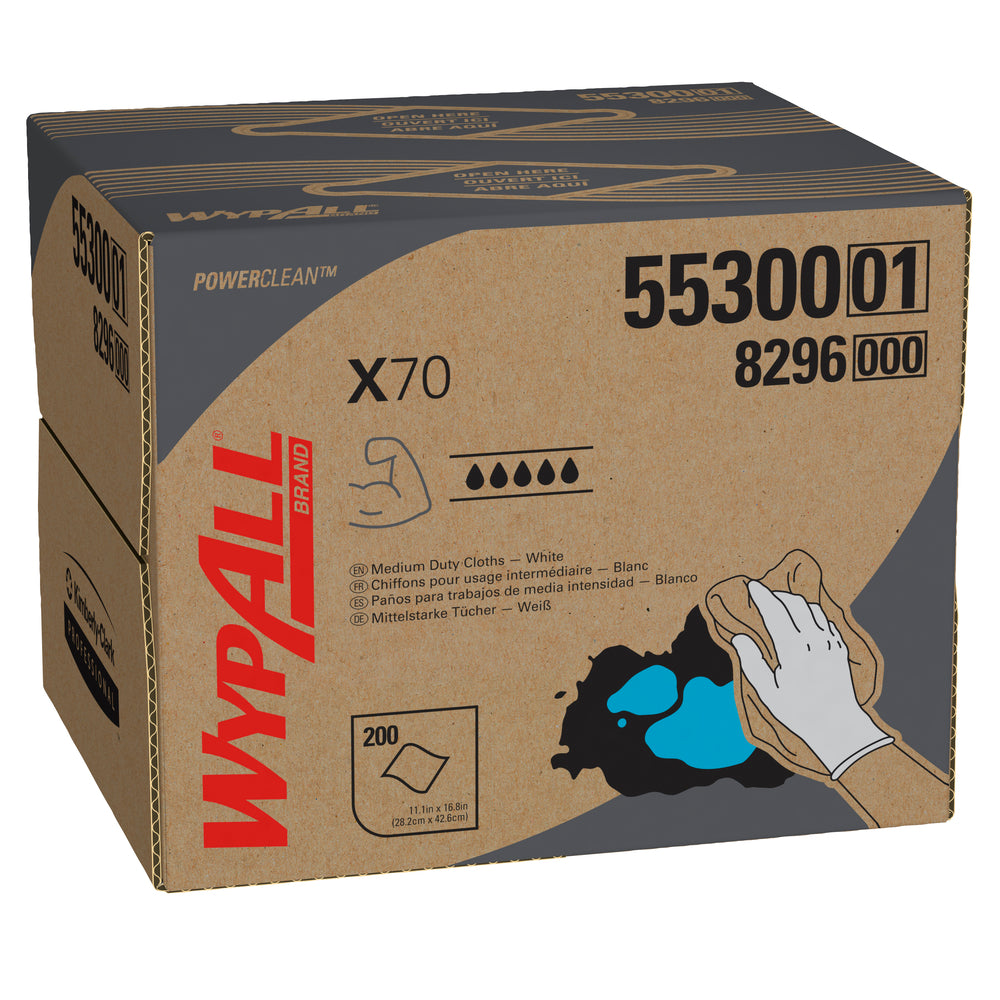 Chiffons WypAll Power Clean X70 pour travaux moyens (55300) - Boîte cadeau - Blanc - 200 feuilles