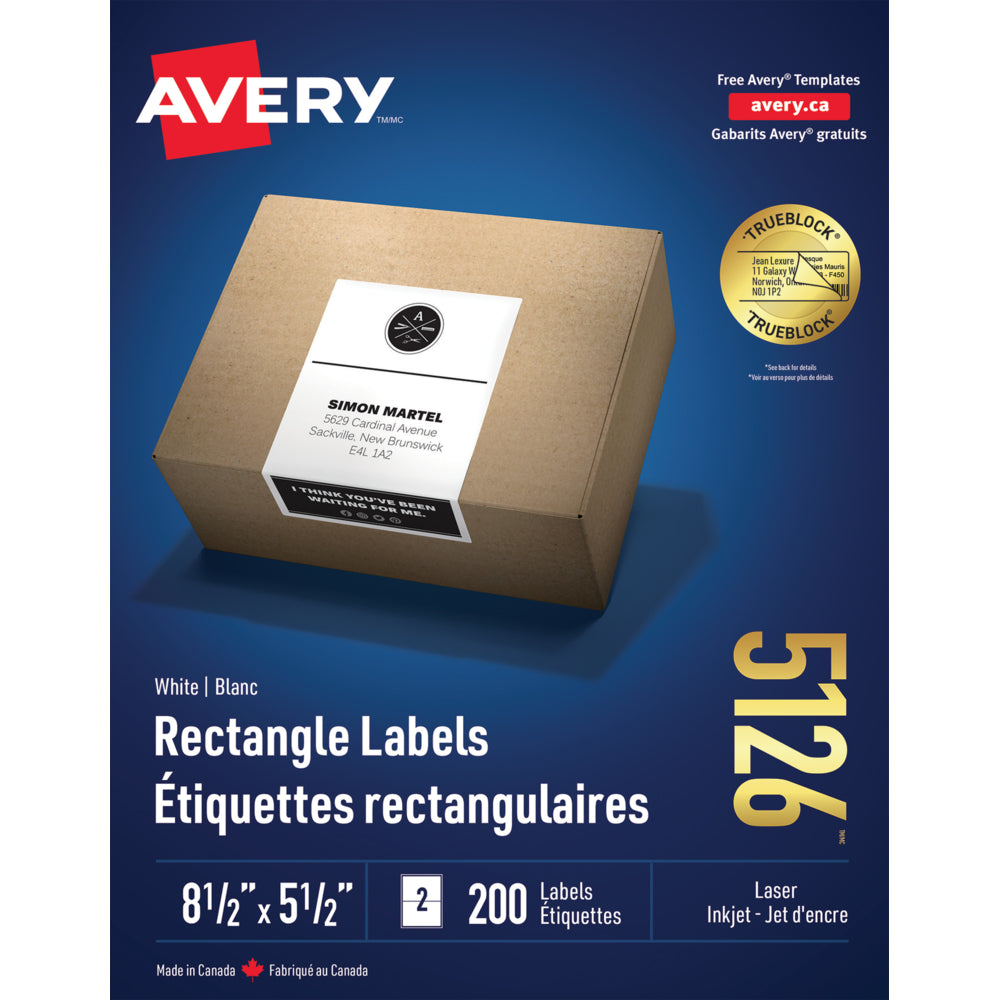 Avery TrueBlock Laser/Inkjet Shipping Labels - 5-1/2" x 8-1/2" - White - 200 Pack - (5126)