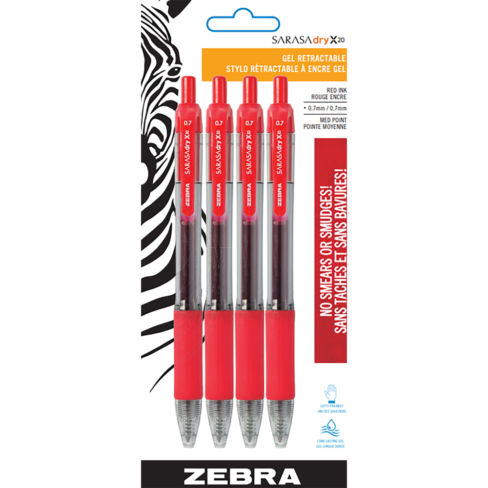 Stylos gel Zebra Sarasa à séchage rapide, rétractables, 0,7 mm, rouge, lot de 4