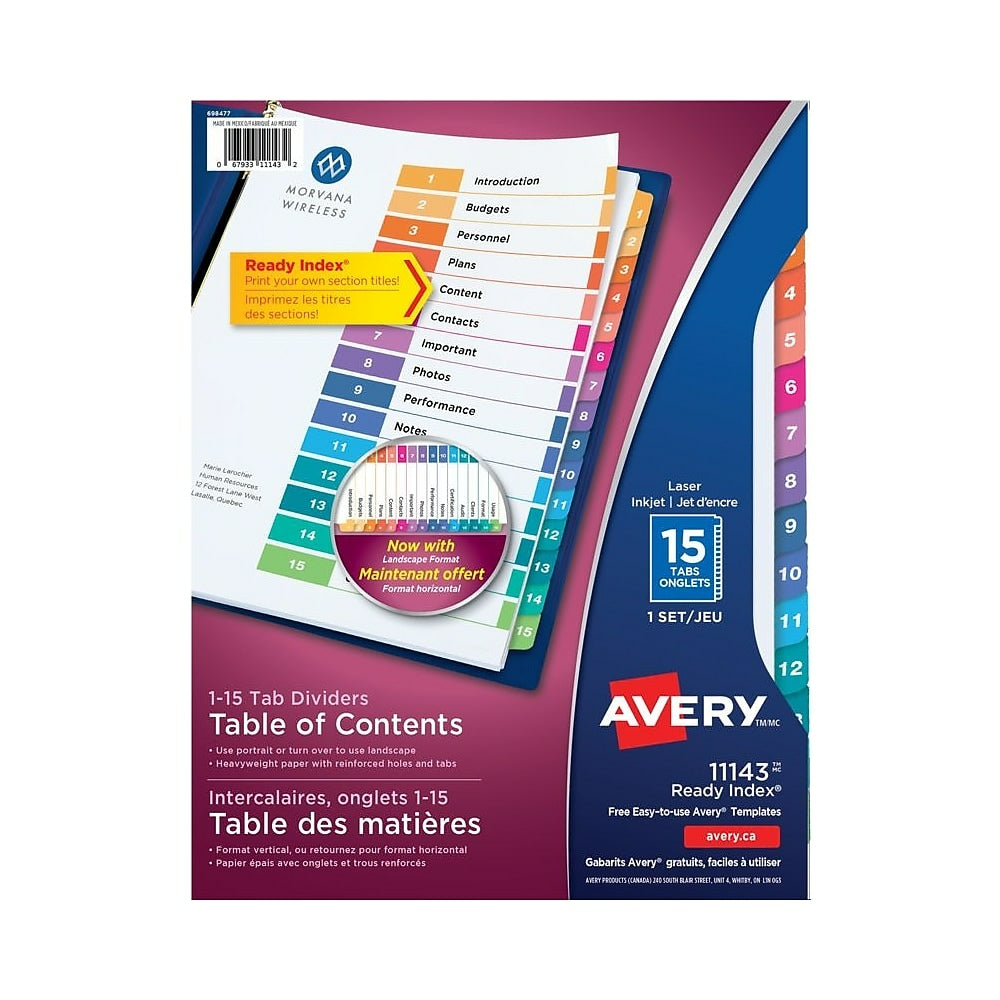 Intercalaires Avery Ready Index pour imprimantes laser et jet d'encre - 15 onglets - Multicolore