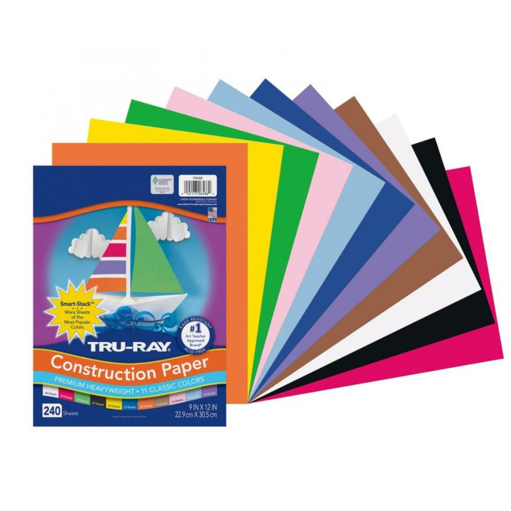 Papier de construction Tru-Ray Smart-Stack, 11 couleurs classiques, 9" x 12", 240/pqt.