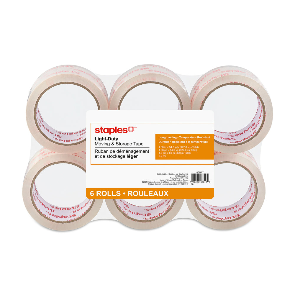 Ruban d'emballage transparent Staples, 48 mm x 50 m, 2,2 mil, paquet de 6