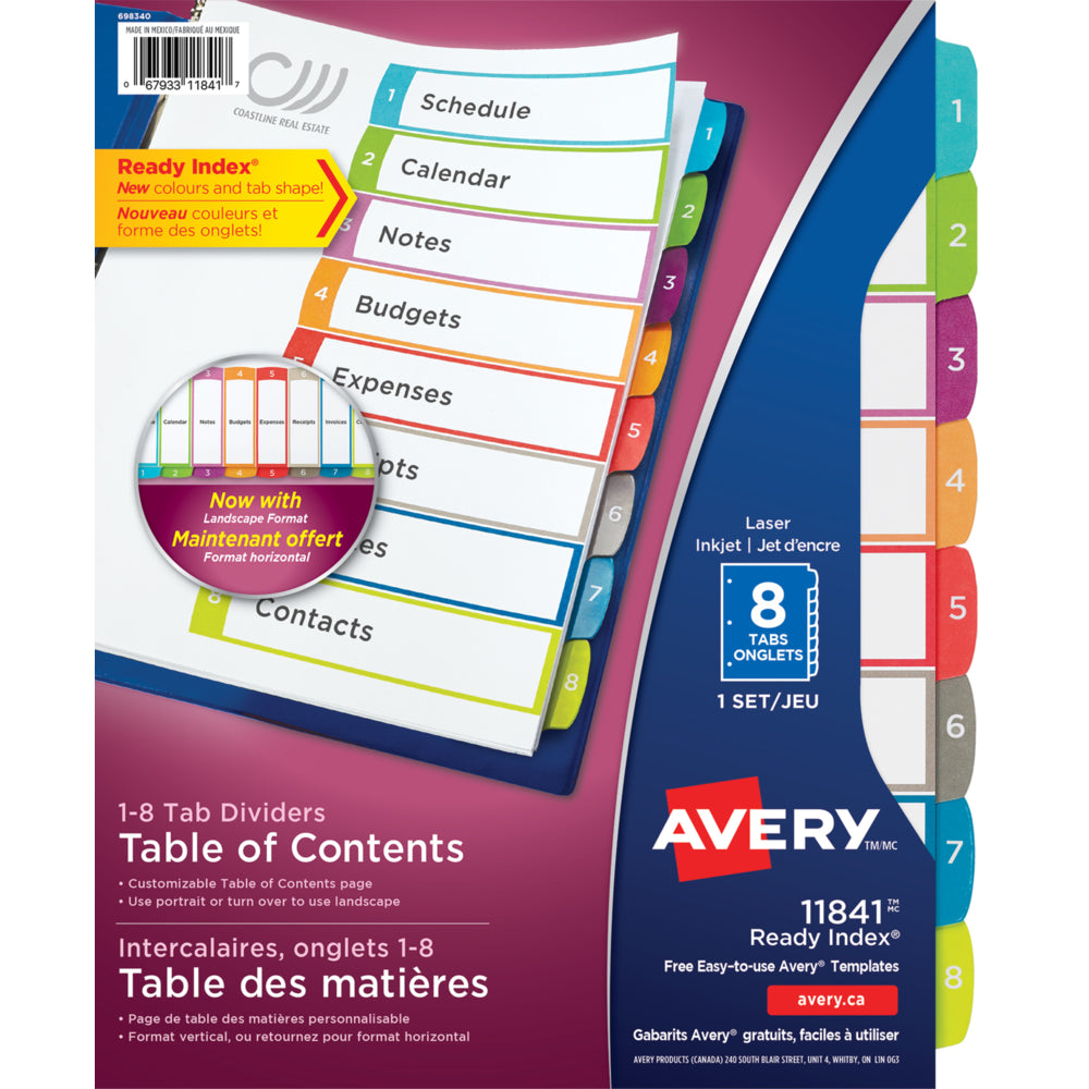 Avery Ready Index 1-8 Table of Content Dividers for Laser and Inkjet Printers - 8 Tabs - Multi-Colour