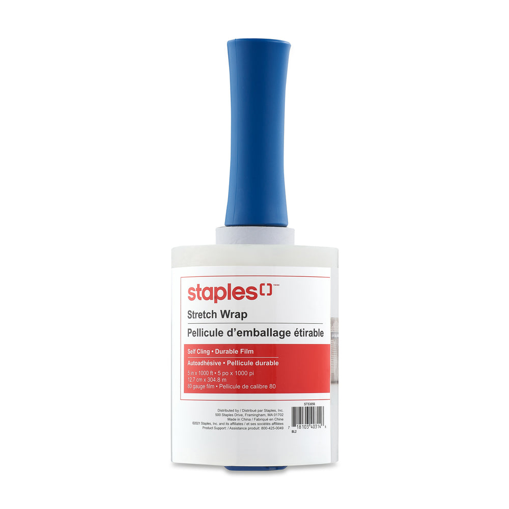 Distributeur portatif de film étirable pour palettes Staples, 5 po x 1 000 pi, transparent
