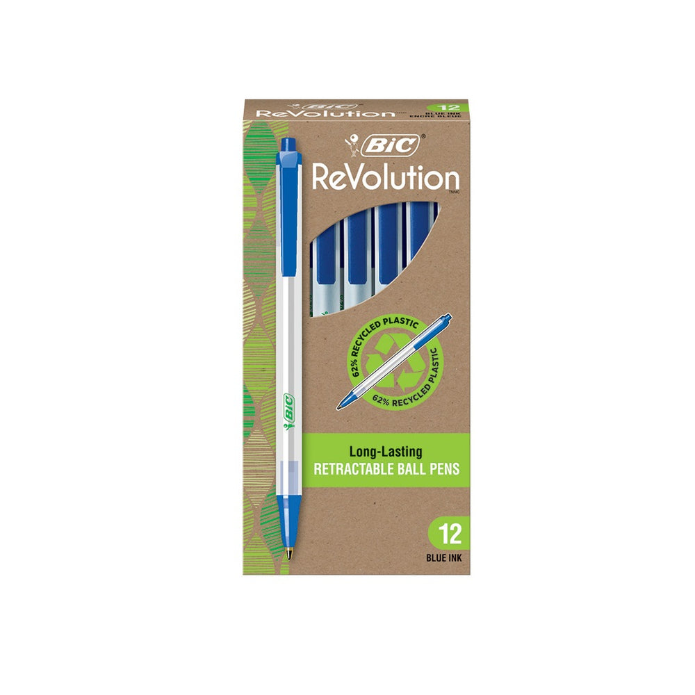 Stylos à bille BIC ReVolution Clic Stic, rétractables, 1,0 mm, bleus, lot de 12